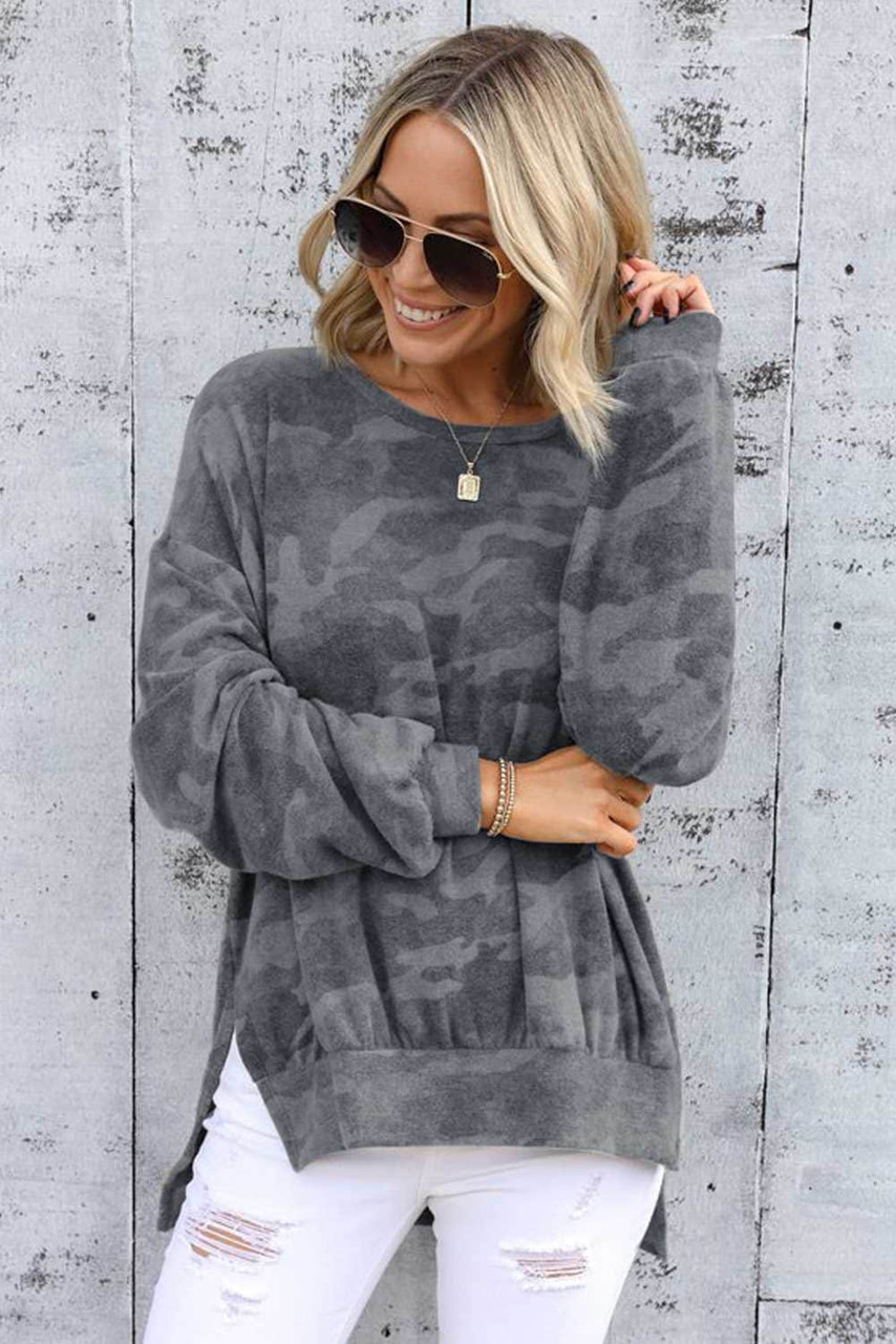 Gray High-low Edge Camo Print Sweatshirt