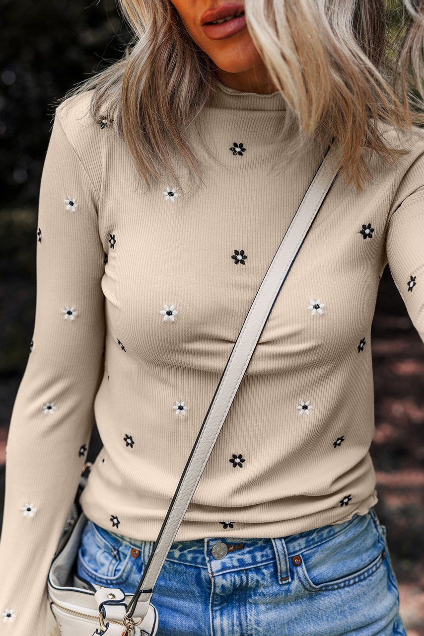 Jet Stream Floral Embroidered Detail Ribbed Long Sleeve Top