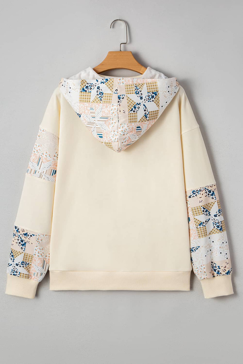 Beige Western Geo Pattern Patchwork Hoodie with Kangaroo Pocket