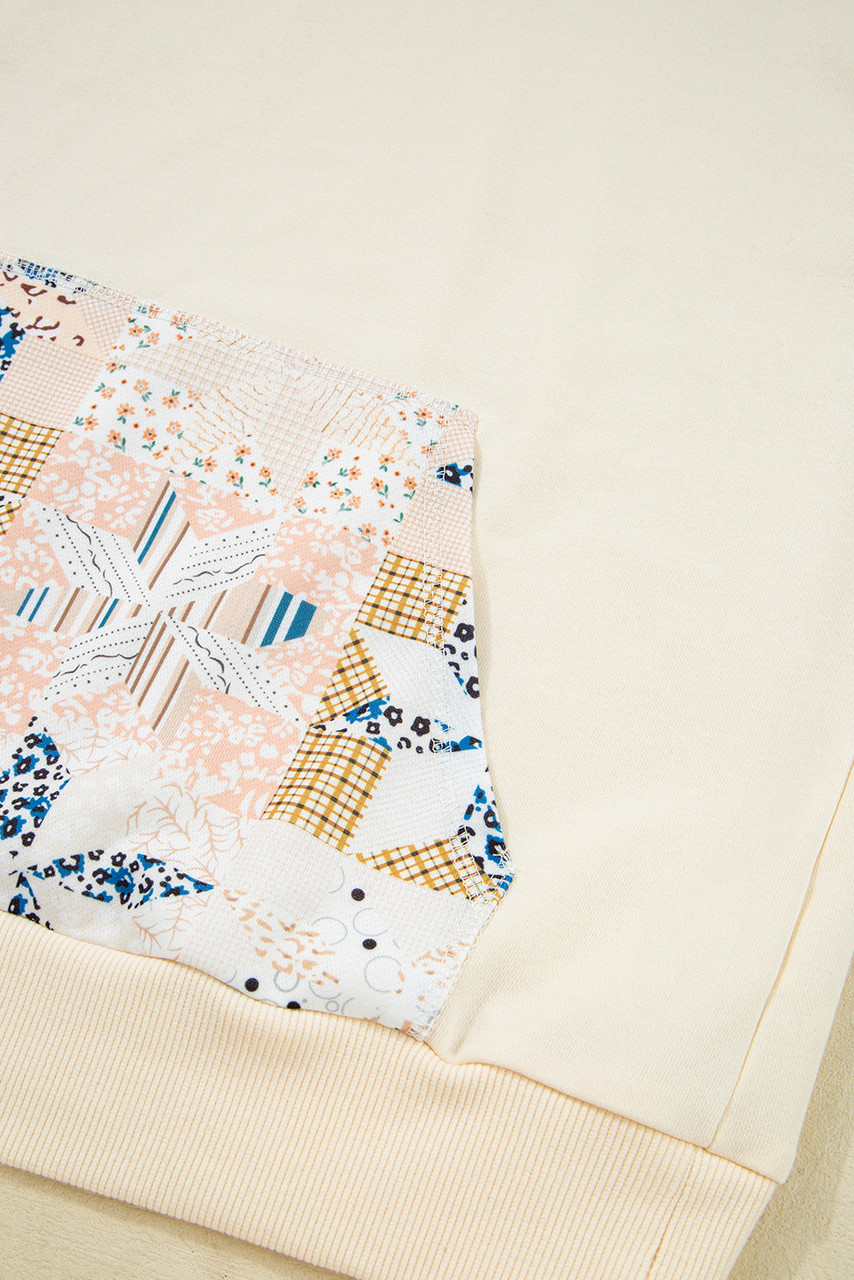Beige Western Geo Pattern Patchwork Hoodie with Kangaroo Pocket