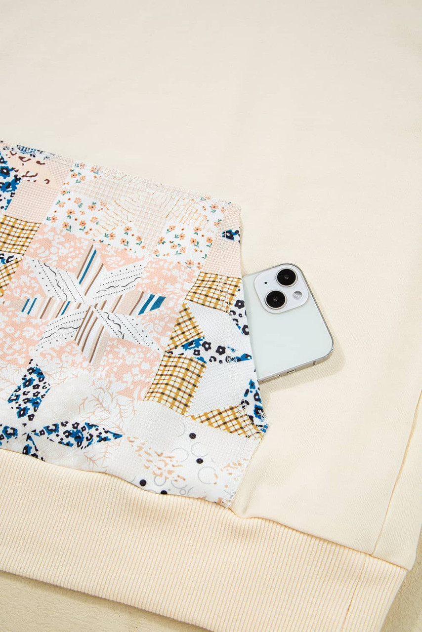 Beige Western Geo Pattern Patchwork Hoodie with Kangaroo Pocket