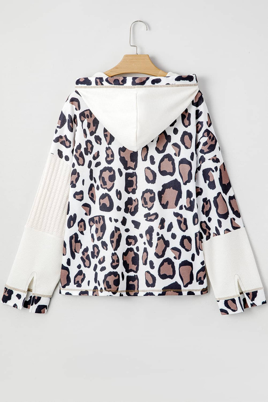 Apricot Oversized Leopard Contrast Mixed Texture Patchwork Zip Up Drop Shoulder Hoodie