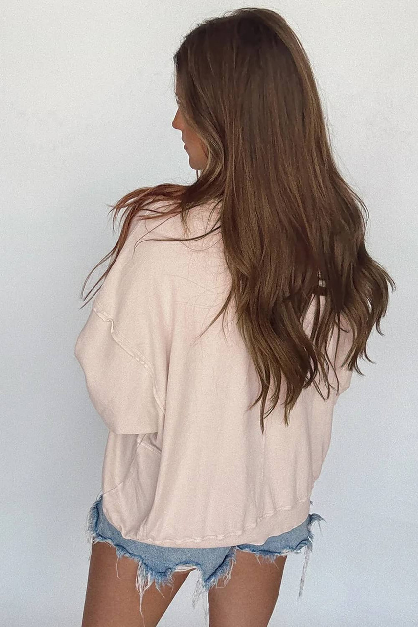 Beige Raw Edge Flower Patch Drop Shoulder Casual Top