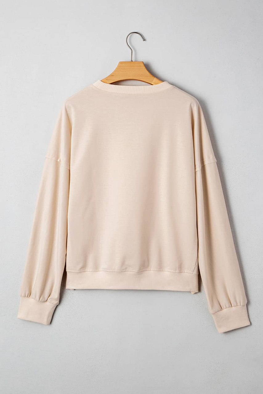 Beige Raw Edge Flower Patch Drop Shoulder Casual Top