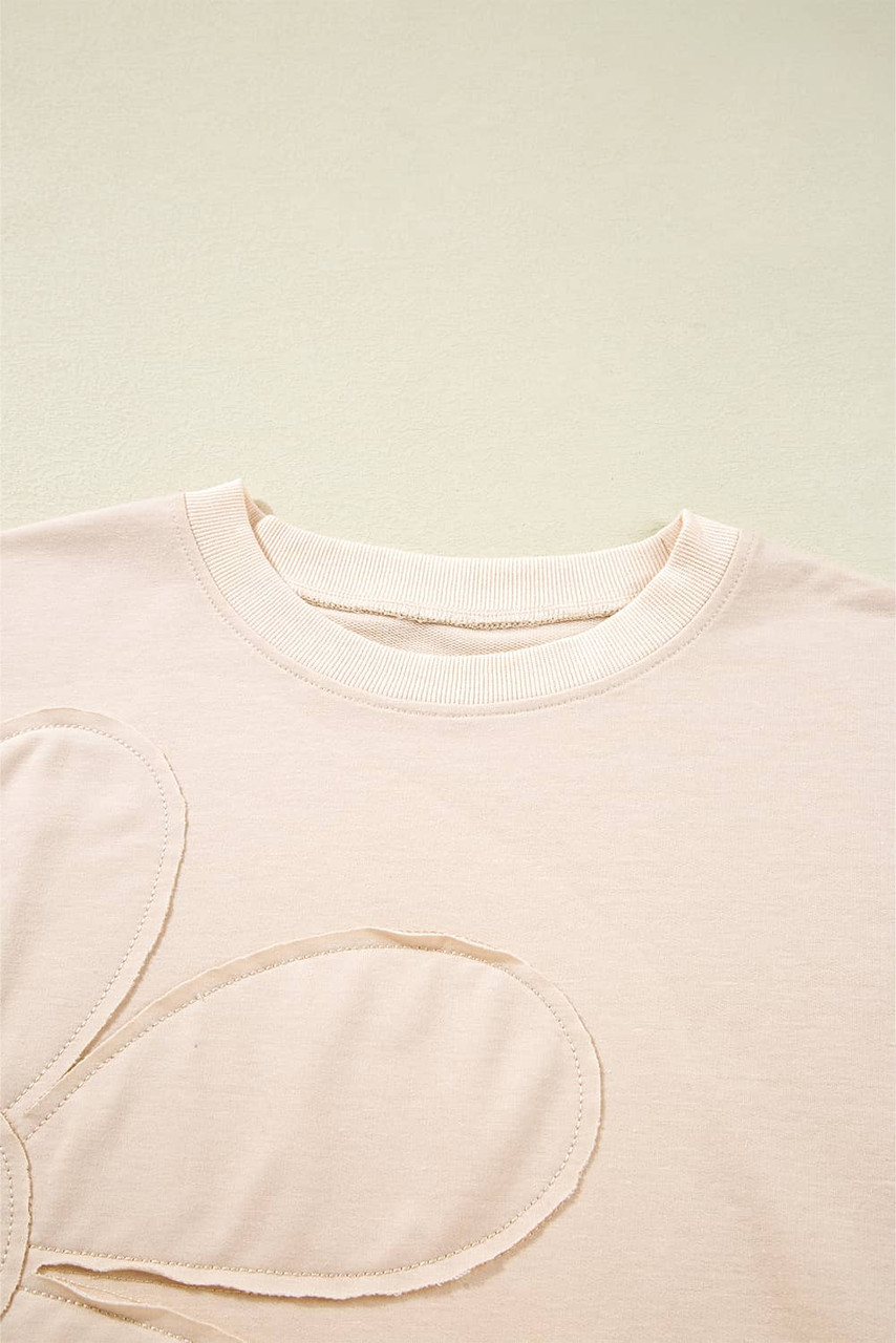 Beige Raw Edge Flower Patch Drop Shoulder Casual Top