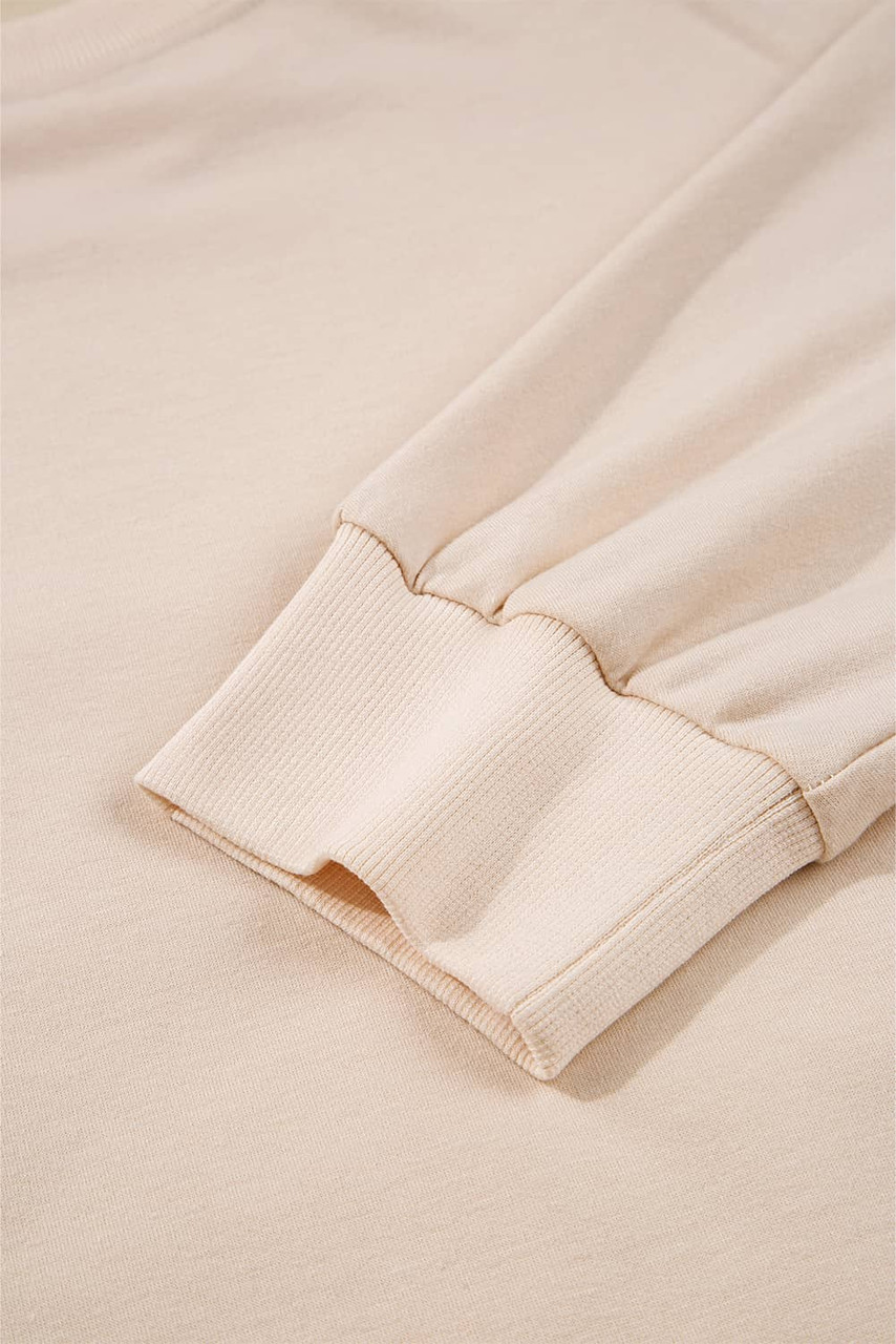 Beige Raw Edge Flower Patch Drop Shoulder Casual Top