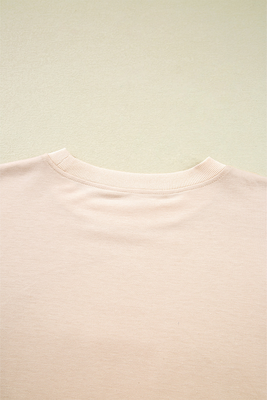 Beige Raw Edge Flower Patch Drop Shoulder Casual Top