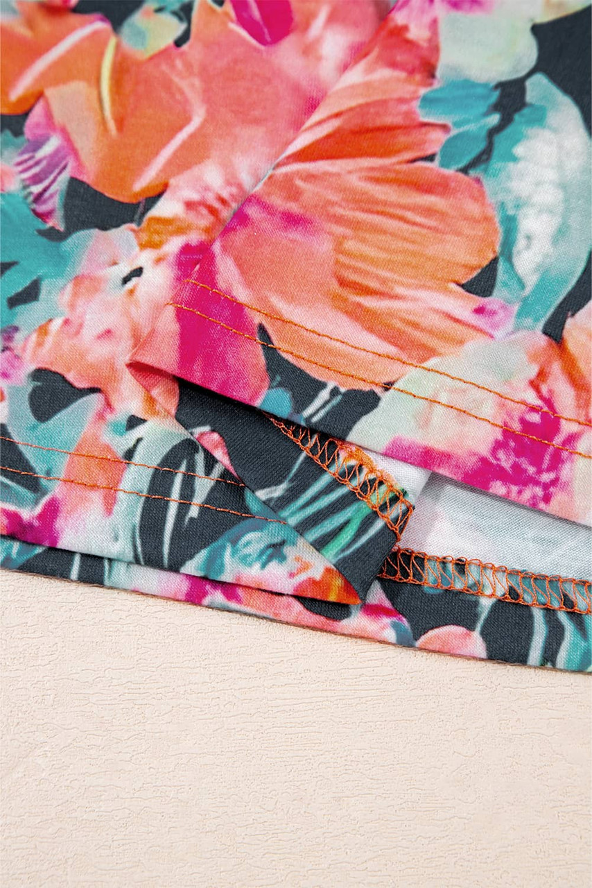 Black Floral 3/4 Flare Sleeve Tied V Neck Blouse