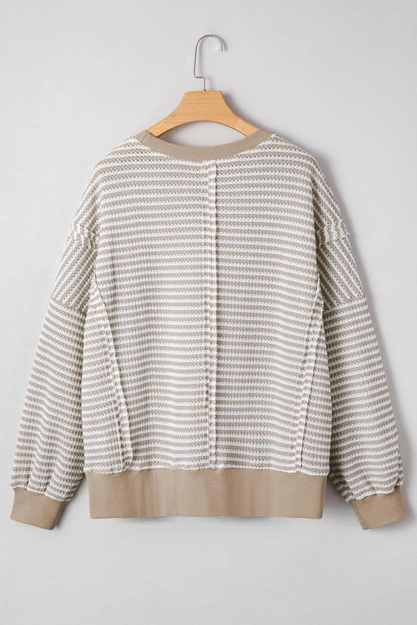 Brown Stripe Chenille Bow Patched Drop Shoulder Long Sleeve Top