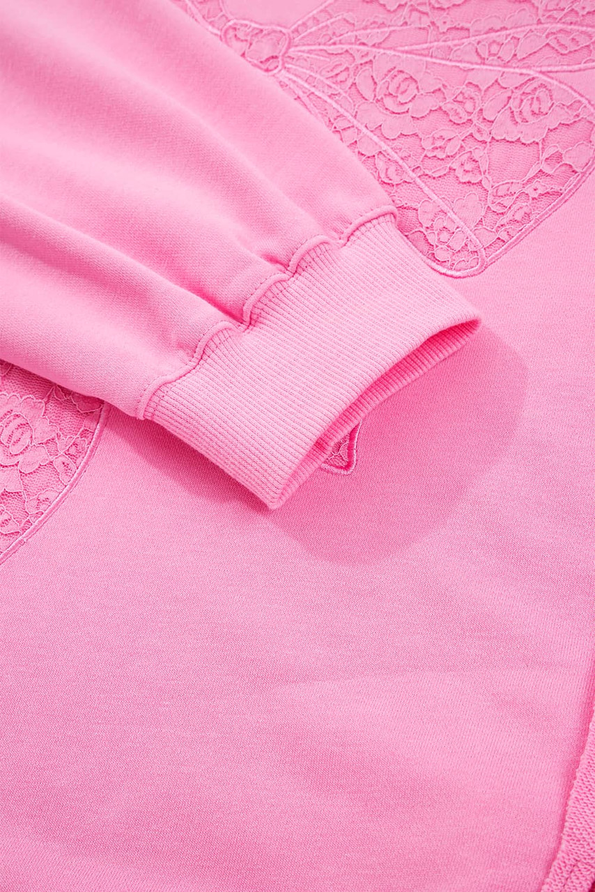 Pink Big Bow Lace Embroidered Dolman Sleeve Slit Plus Size Sweatshirt