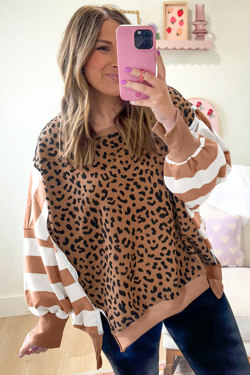 Khaki Stripe Color Block Patchwork Leopard Casual Sweatshirt with Slits