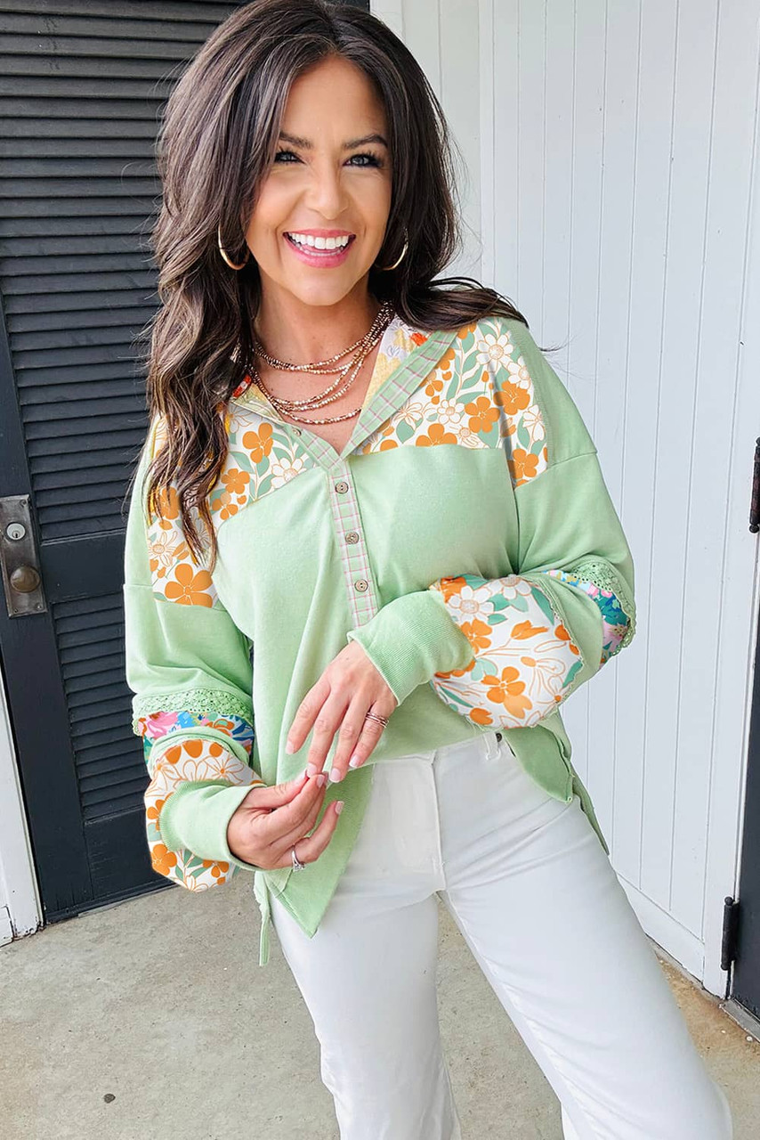 Clearly Aqua Lace Floral Patchwork Half Button Hooded Pullover