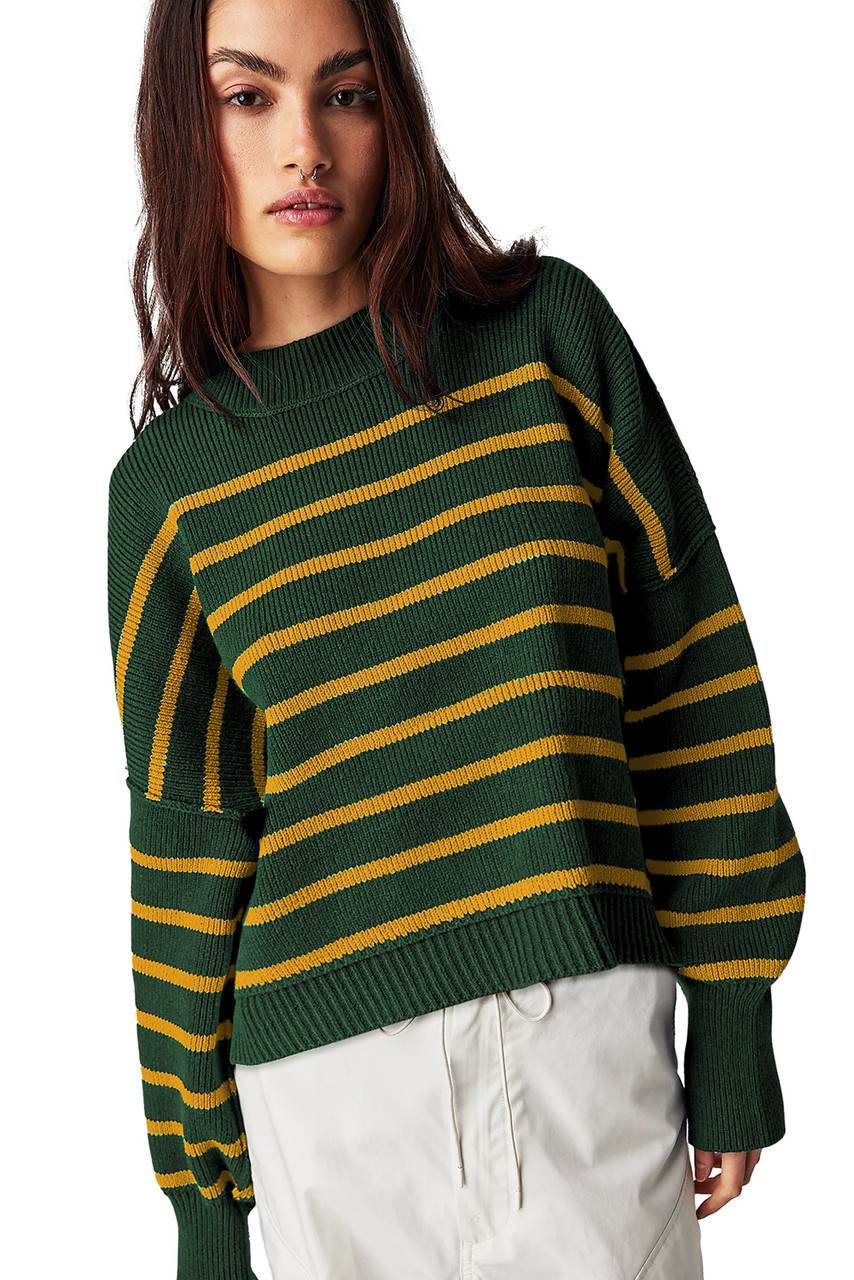 Green Stripe Ribbed Drop Shoulder Baggy Sweater