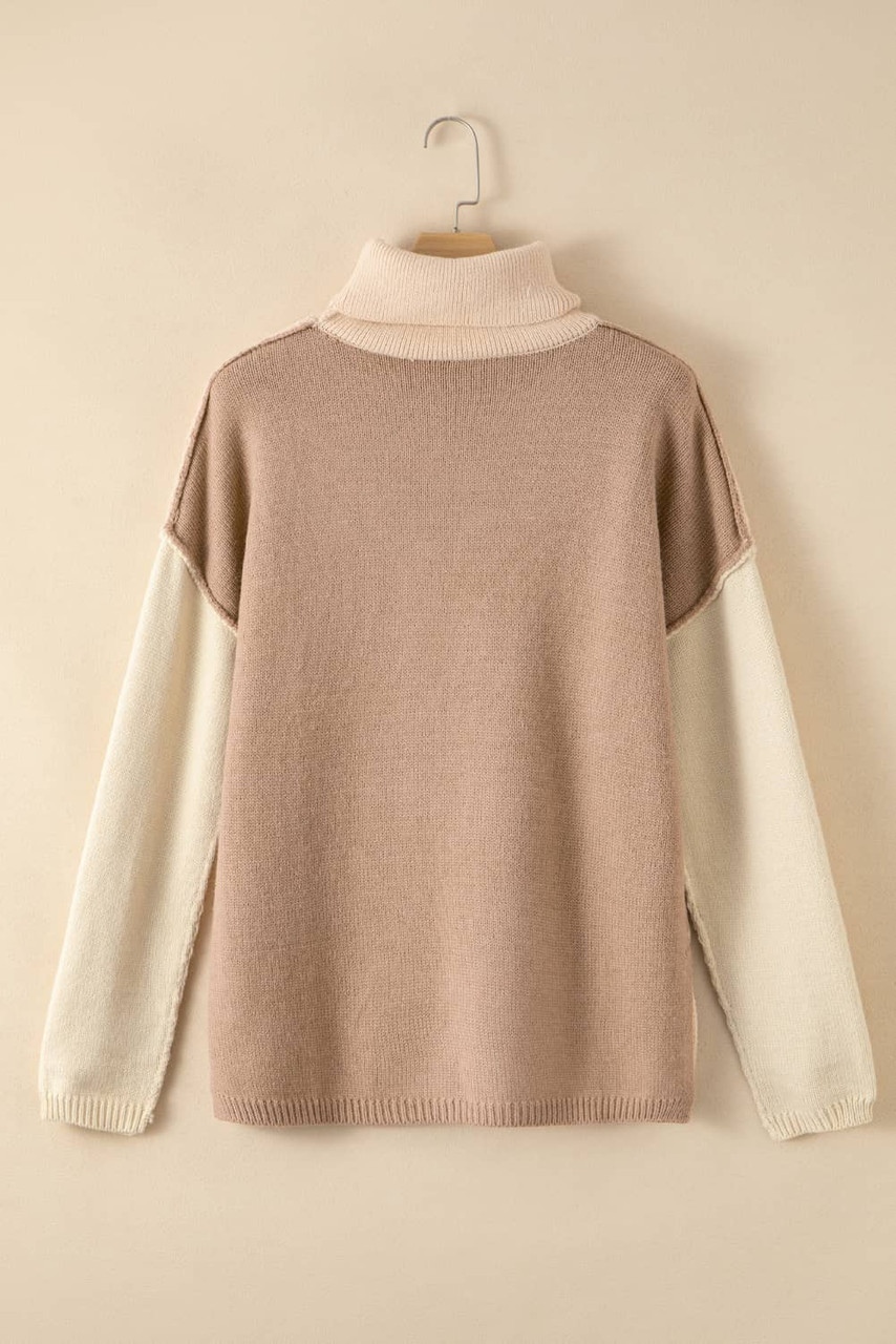 Pale Chestnut Color Block Turtle Neck Drop Shoulder Knit Sweater