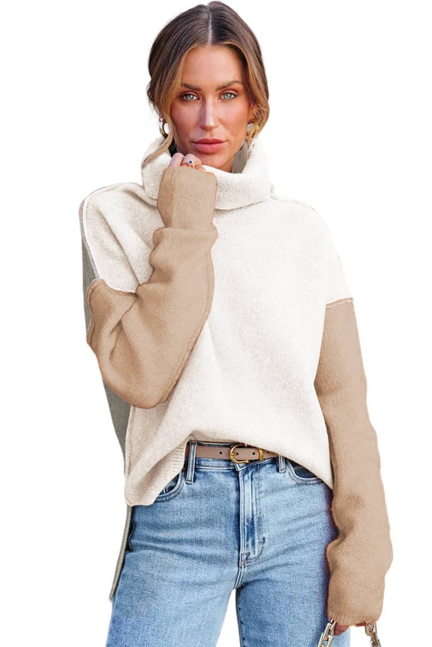 White Color Block Turtle Neck Drop Shoulder Knit Sweater
