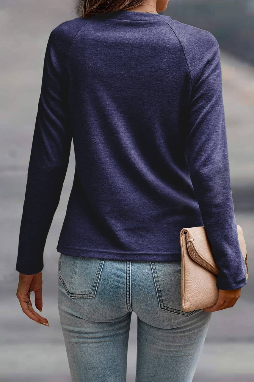 Navy Blue Solid Color Seam Detail Raglan Long Sleeve Top