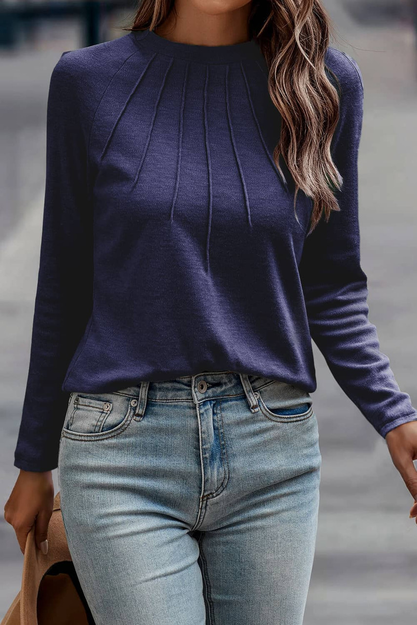 Navy Blue Solid Color Seam Detail Raglan Long Sleeve Top