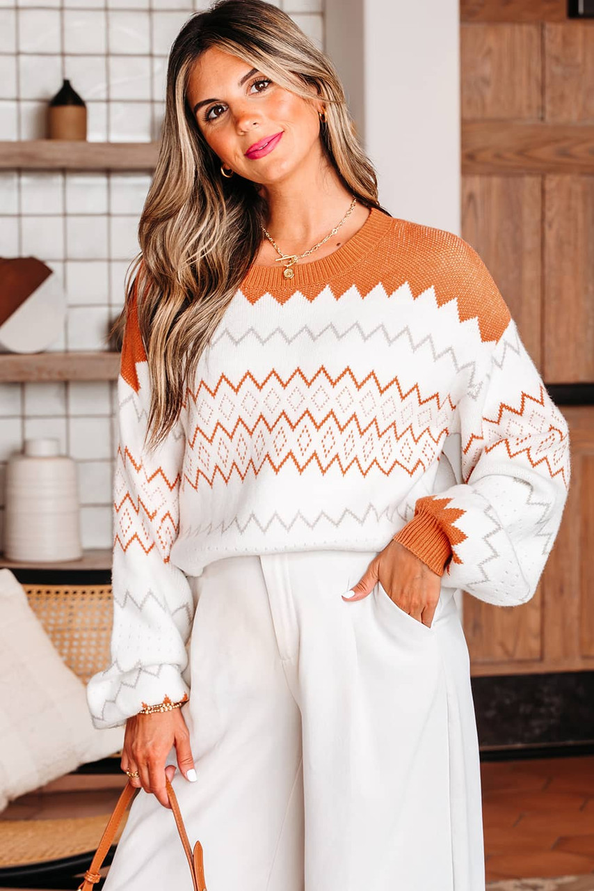 Khaki Zigzag Geometric Pattern Knitted Pullover Sweater Khaki Zigzag Geometric Pattern Knitted Pullover Sweater