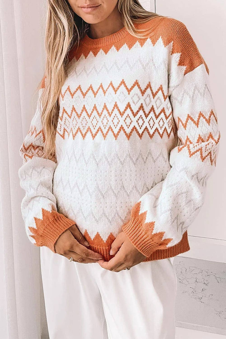 Khaki Zigzag Geometric Pattern Knitted Pullover Sweater Khaki Zigzag Geometric Pattern Knitted Pullover Sweater