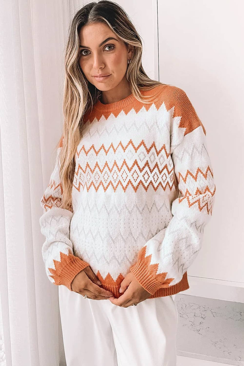 Khaki Zigzag Geometric Pattern Knitted Pullover Sweater Khaki Zigzag Geometric Pattern Knitted Pullover Sweater