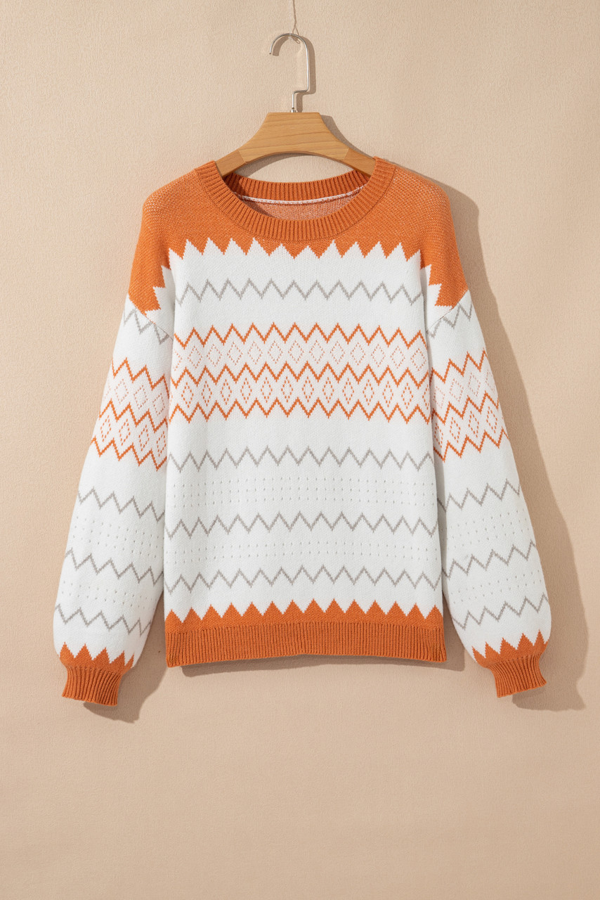 Khaki Zigzag Geometric Pattern Knitted Pullover Sweater Khaki Zigzag Geometric Pattern Knitted Pullover Sweater
