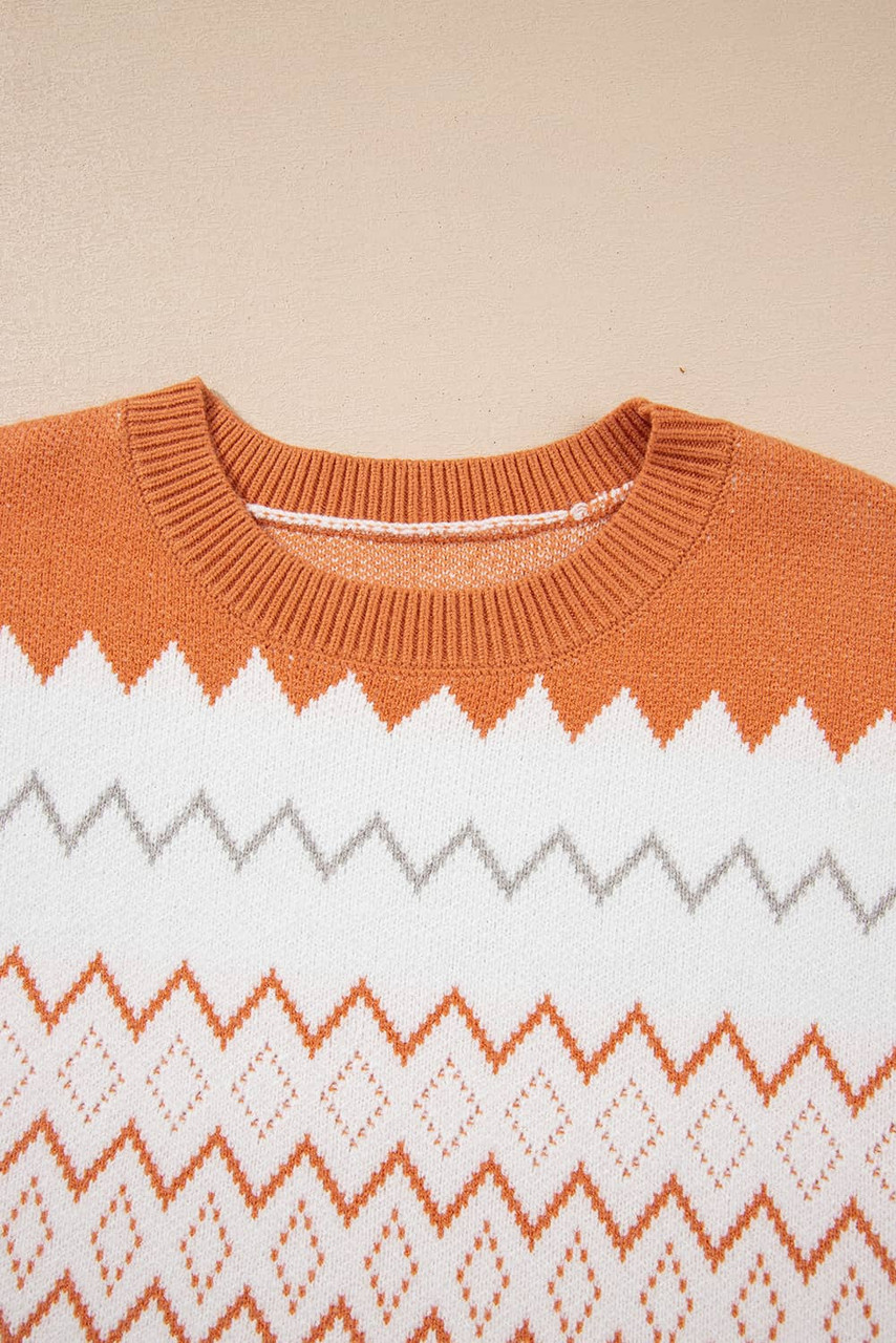 Khaki Zigzag Geometric Pattern Knitted Pullover Sweater Khaki Zigzag Geometric Pattern Knitted Pullover Sweater