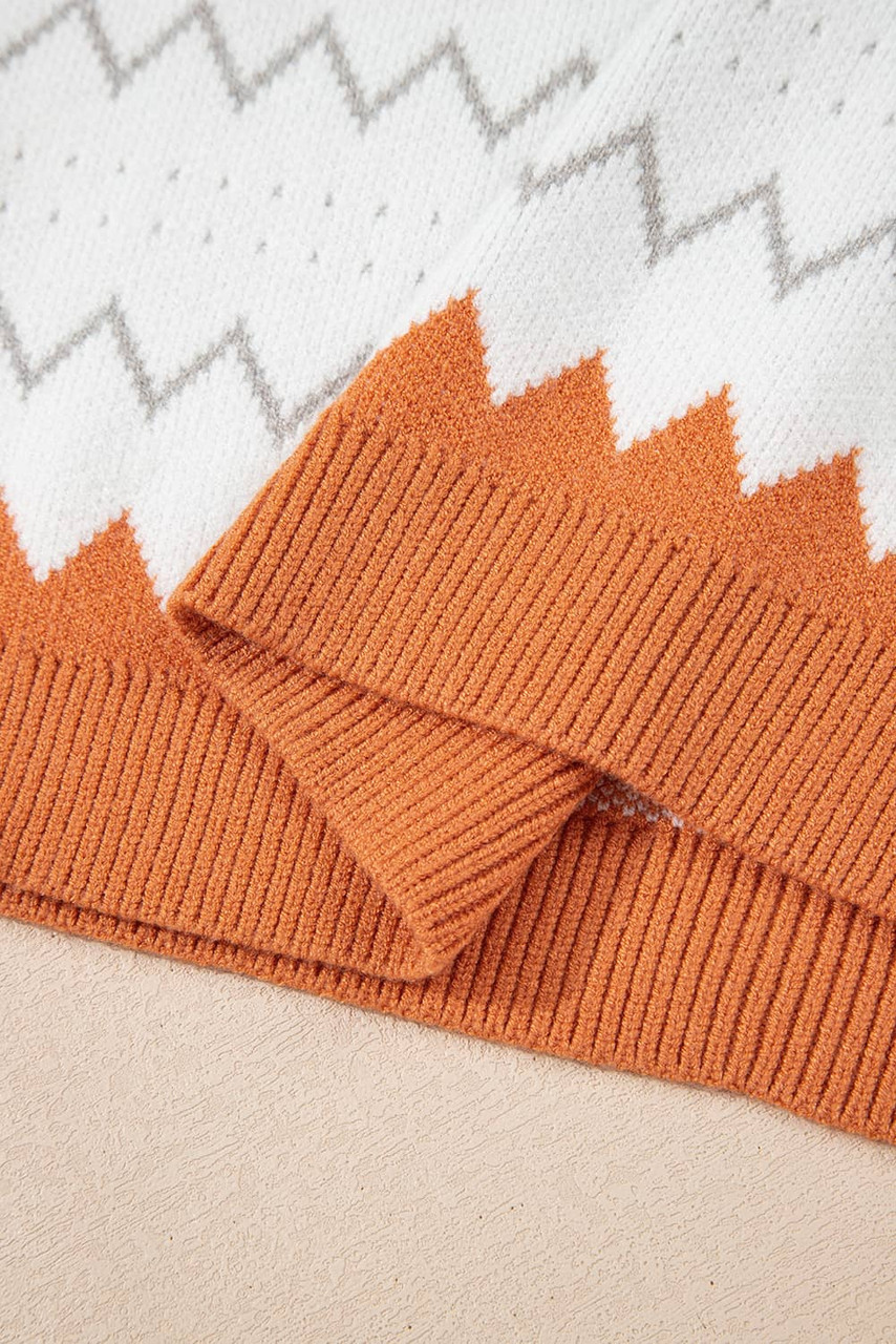 Khaki Zigzag Geometric Pattern Knitted Pullover Sweater Khaki Zigzag Geometric Pattern Knitted Pullover Sweater