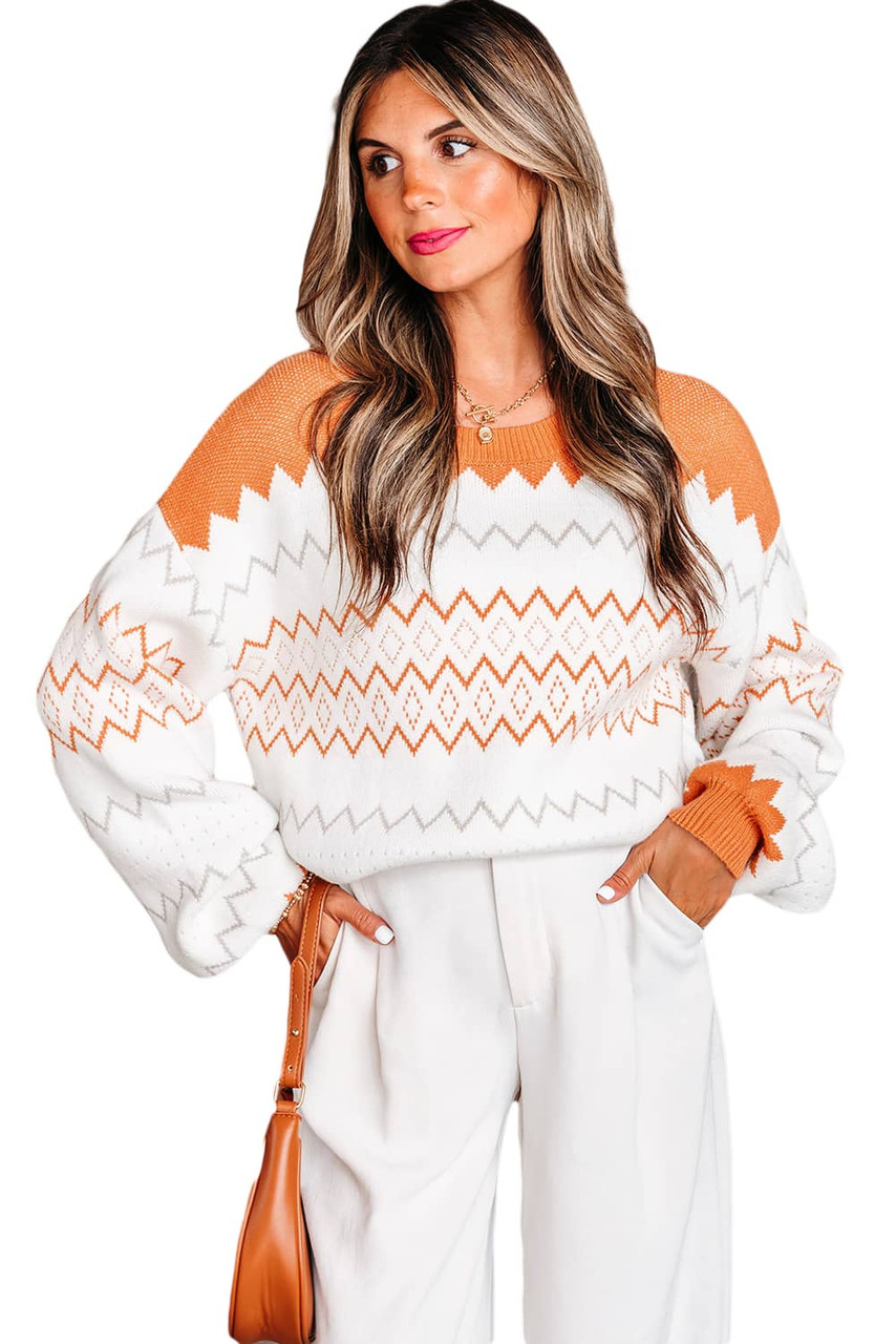 Khaki Zigzag Geometric Pattern Knitted Pullover Sweater Khaki Zigzag Geometric Pattern Knitted Pullover Sweater