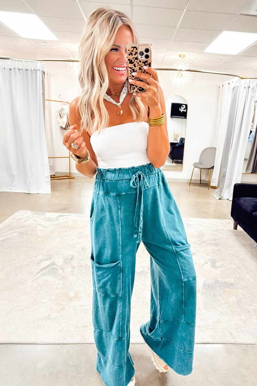 Lapis Mineral Wash Lace-up High Waist Raw Hem Patched Pocket Pants Lapis Mineral Wash Lace-up High Waist Raw Hem Patched Pocket Pants