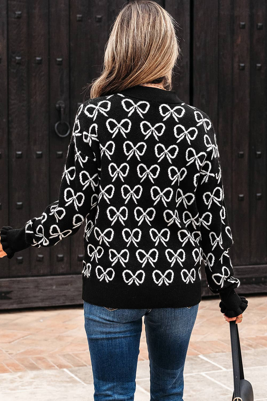 Black Cute Bow Pattern Drop Shoulder Zipped Collar Sweater Black Cute Bow Pattern Drop Shoulder Zipped Collar Sweater