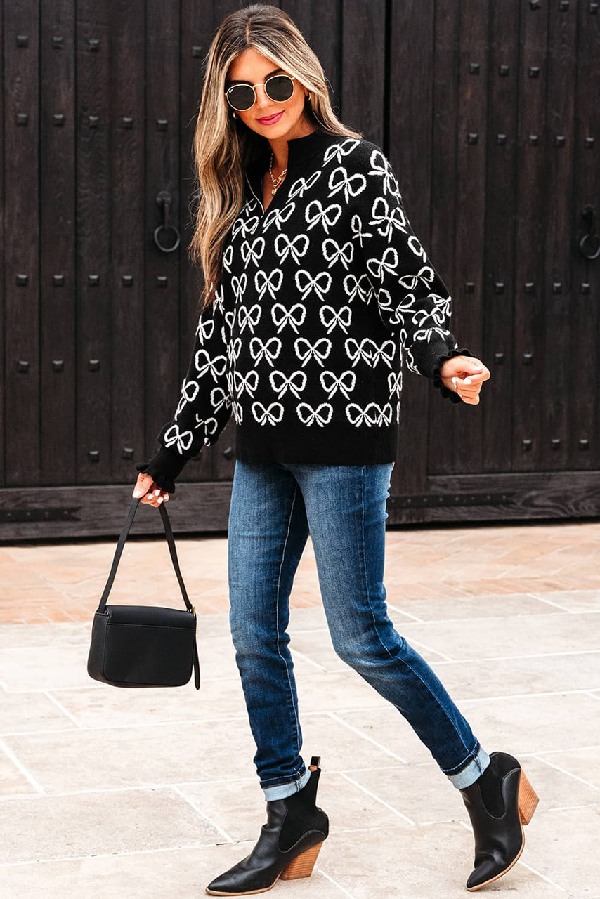 Black Cute Bow Pattern Drop Shoulder Zipped Collar Sweater Black Cute Bow Pattern Drop Shoulder Zipped Collar Sweater