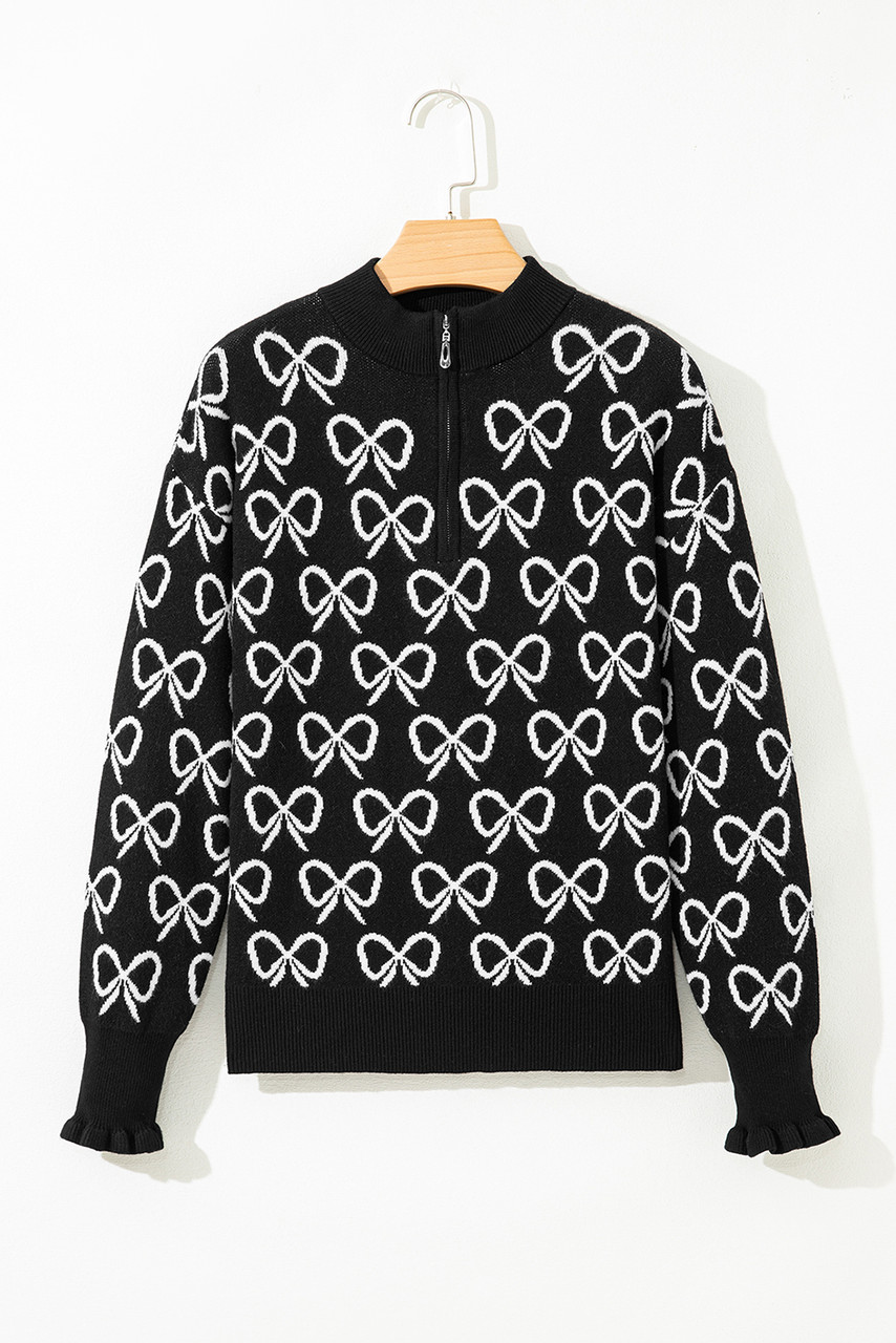 Black Cute Bow Pattern Drop Shoulder Zipped Collar Sweater Black Cute Bow Pattern Drop Shoulder Zipped Collar Sweater
