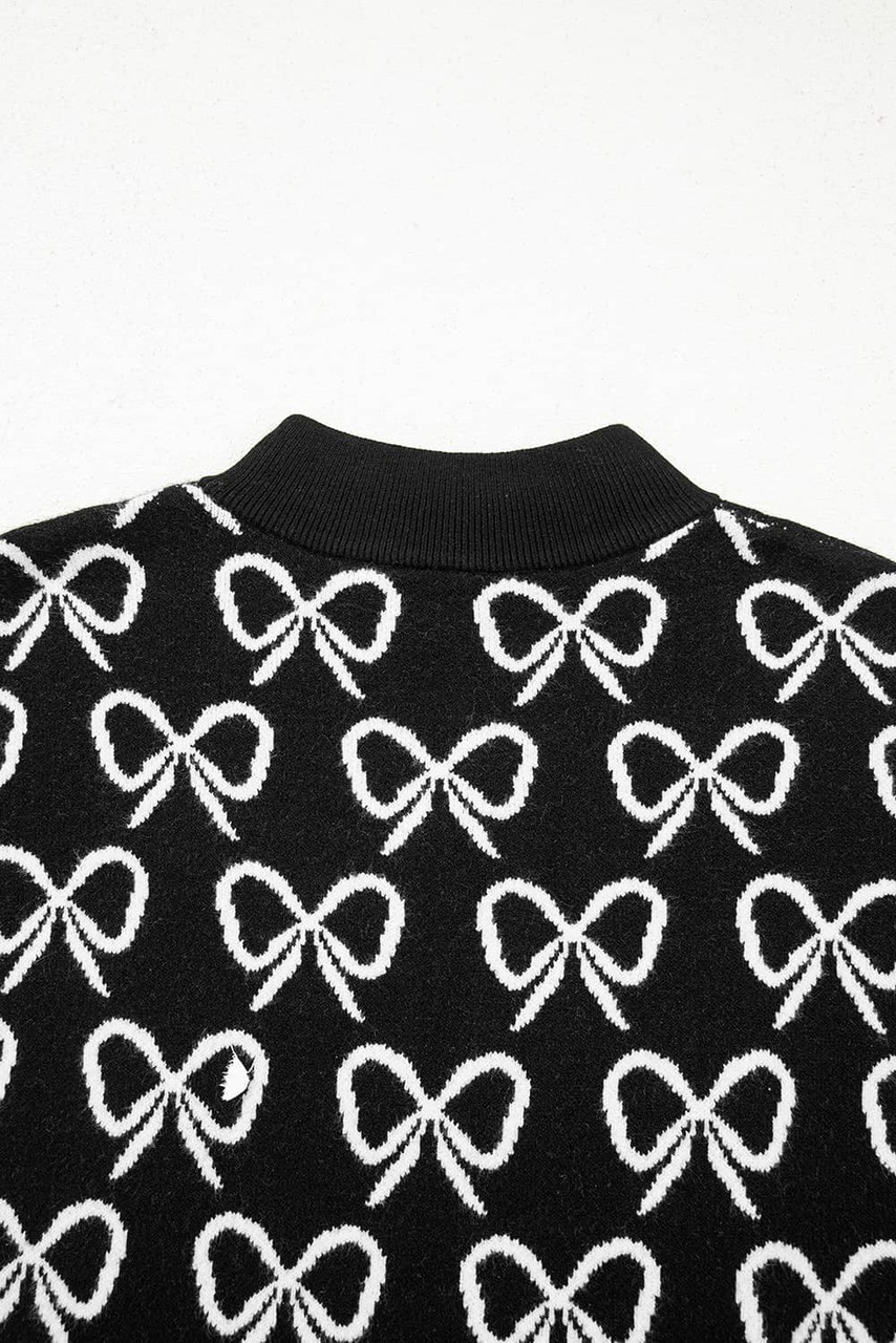 Black Cute Bow Pattern Drop Shoulder Zipped Collar Sweater Black Cute Bow Pattern Drop Shoulder Zipped Collar Sweater
