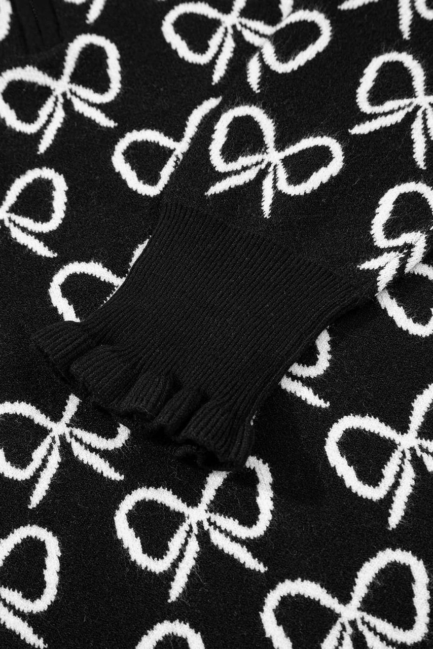 Black Cute Bow Pattern Drop Shoulder Zipped Collar Sweater Black Cute Bow Pattern Drop Shoulder Zipped Collar Sweater
