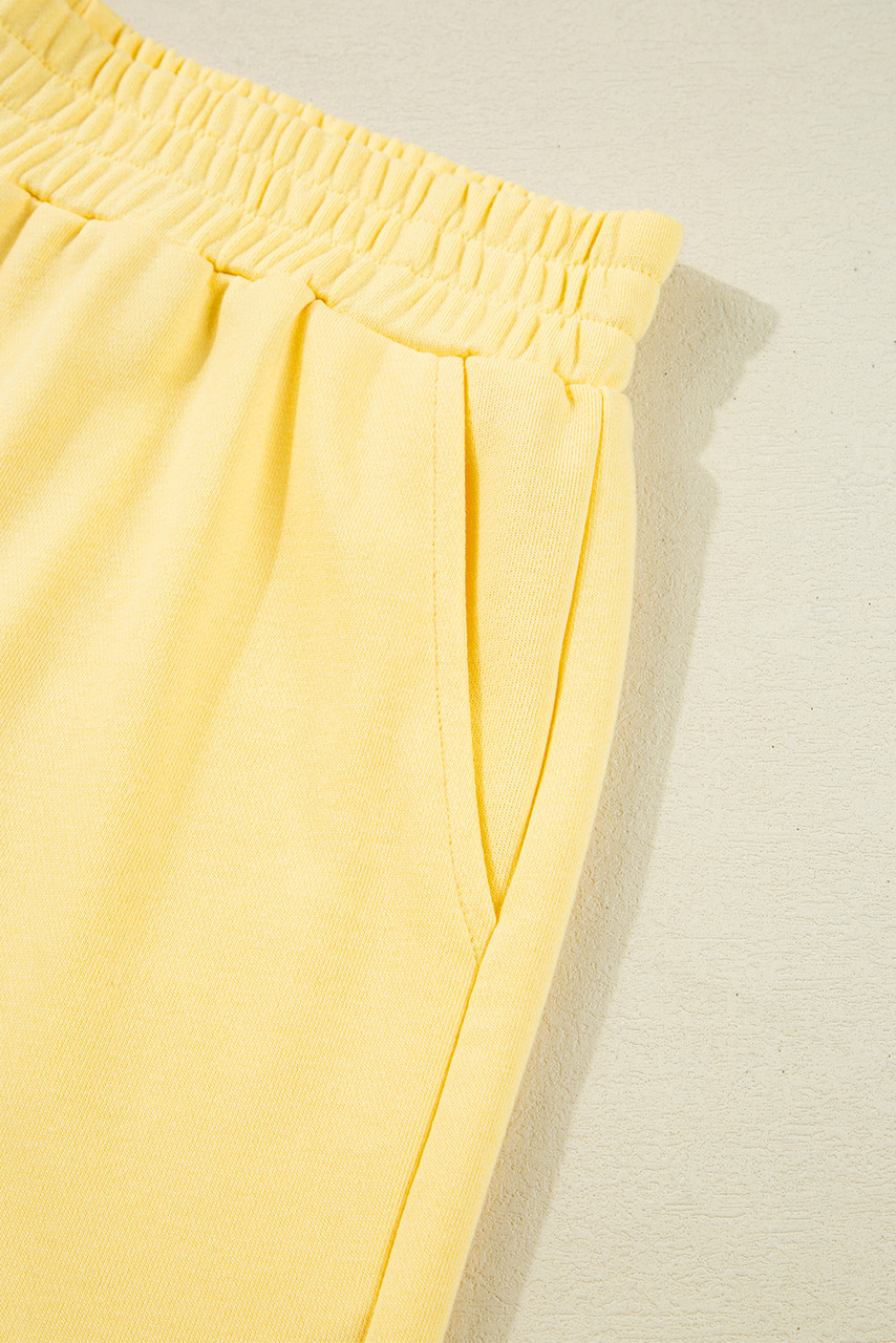 Yellow Color Block Patchwork Half Button Pullover and Shorts 2pcs Outfit