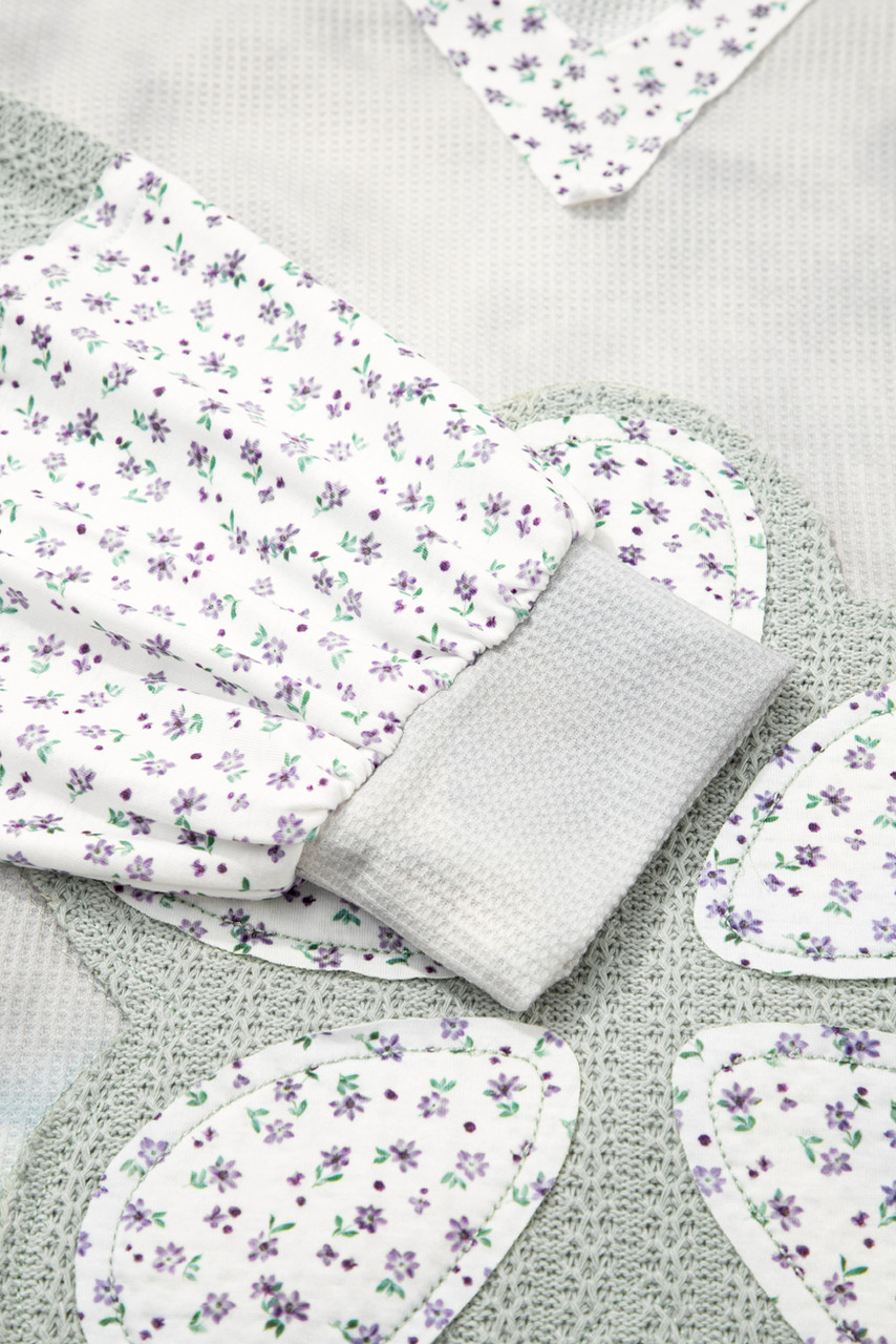 Green Floral Patched Waffle Textured Colorblock V Neck Casual Hooded Top