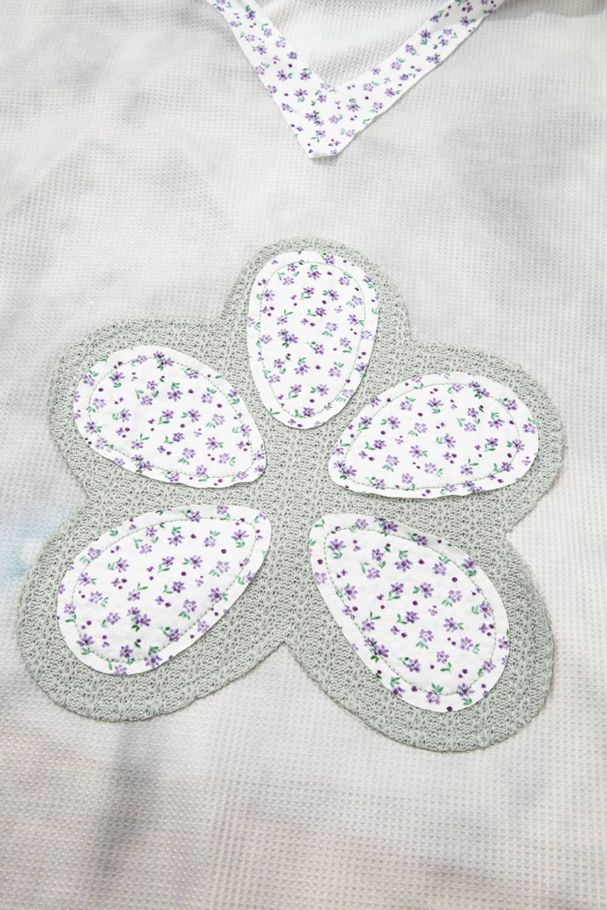 Green Floral Patched Waffle Textured Colorblock V Neck Casual Hooded Top