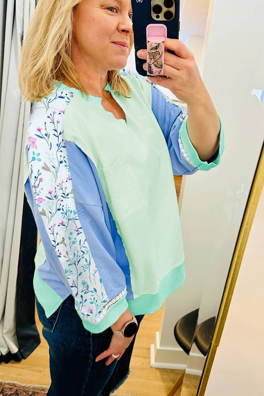 Green Color Block Floral Patchwork Long Sleeve Notched Neck Plus Size Top
