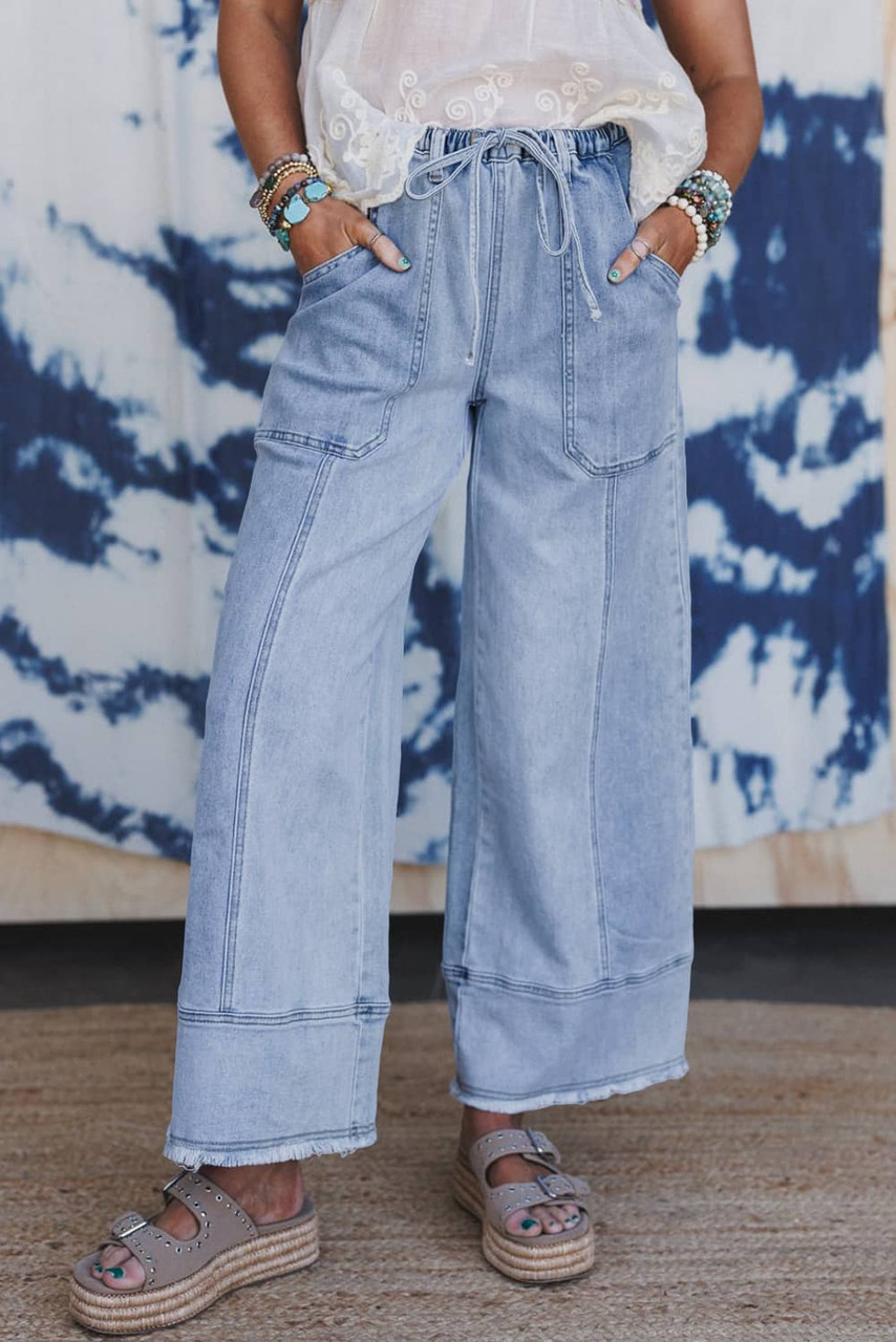 Beau Blue Drawstring Seam Detail Raw Hem Wide Leg Denim Pants