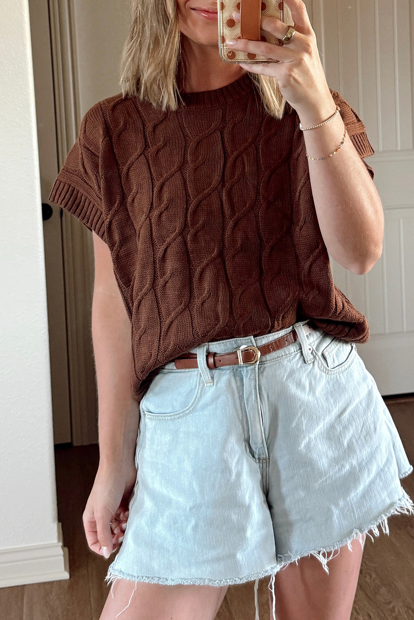 Dark Brown Cable Texture Crew Neck Short Sleeve Sweater Top Dark Brown Cable Texture Crew Neck Short Sleeve Sweater Top