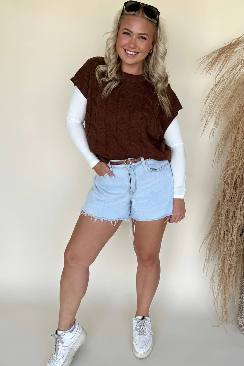 Dark Brown Cable Texture Crew Neck Short Sleeve Sweater Top Dark Brown Cable Texture Crew Neck Short Sleeve Sweater Top