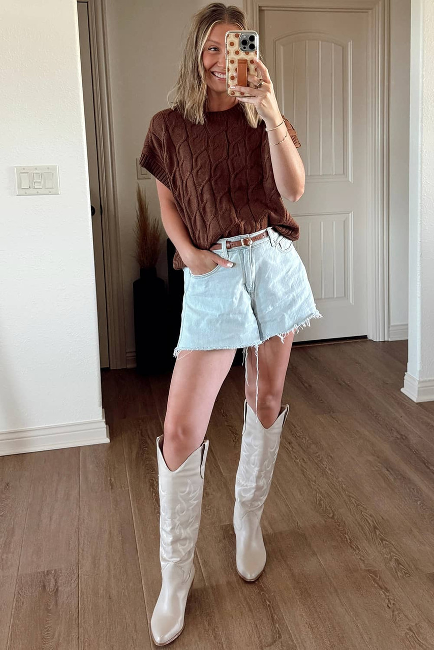 Dark Brown Cable Texture Crew Neck Short Sleeve Sweater Top Dark Brown Cable Texture Crew Neck Short Sleeve Sweater Top