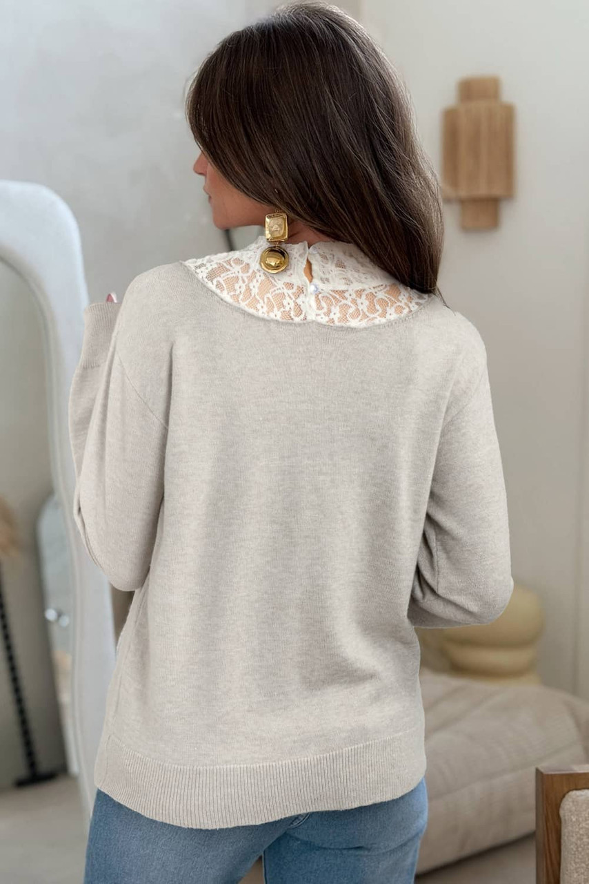 Light Grey Button Keyhole Lace Patchwork Drop Shoulder Sweater Light Grey Button Keyhole Lace Patchwork Drop Shoulder Sweater