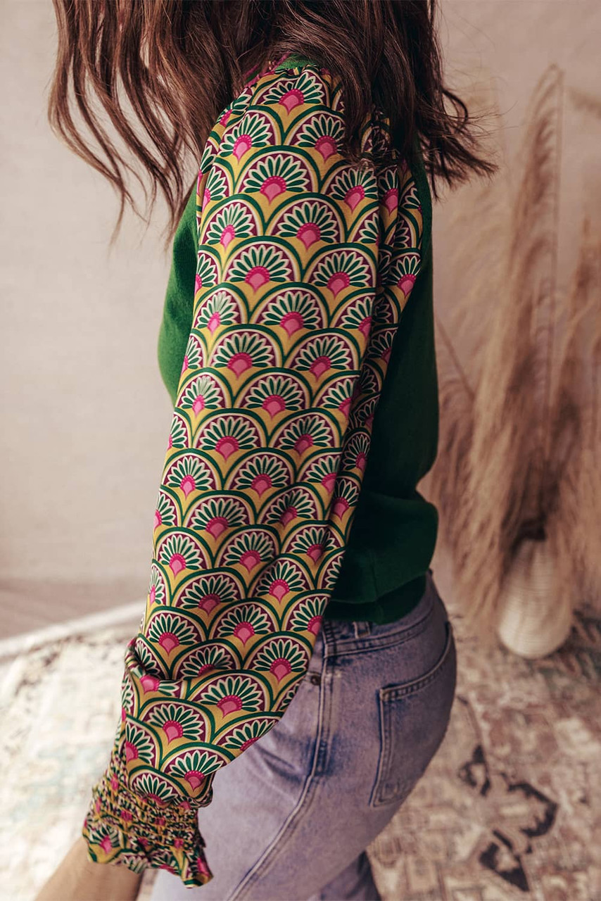 Blackish Green Floral Patchwork Shirred Cuff Puff Sleeve Sweater Blackish Green Floral Patchwork Shirred Cuff Puff Sleeve Sweater