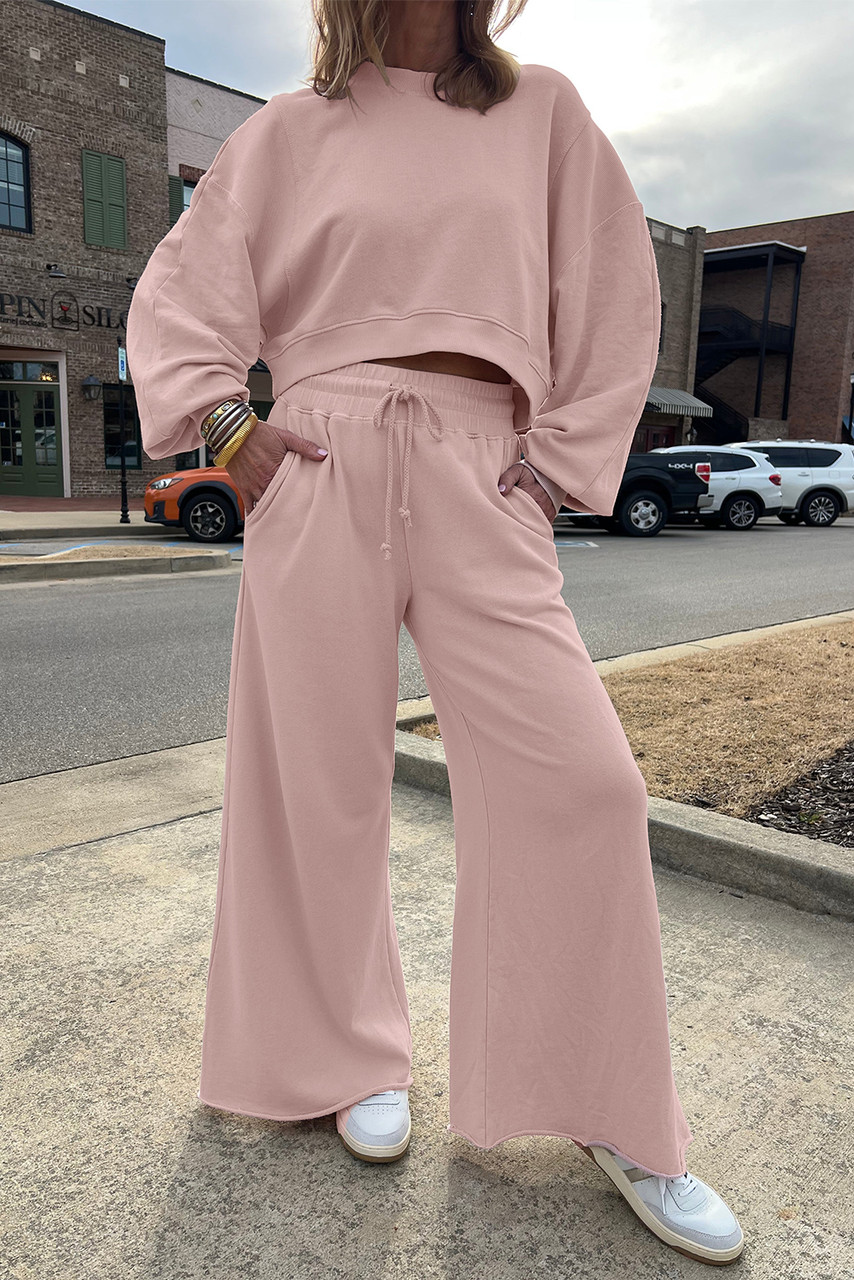 Light Pink Drop Shoulder Puff Sleeve Crop Pullover Drawstring Wide Leg Pants Set Light Pink Drop Shoulder Puff Sleeve Crop Pullover Drawstring Wide Leg Pants Set