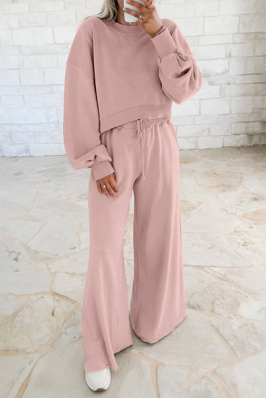 Light Pink Drop Shoulder Puff Sleeve Crop Pullover Drawstring Wide Leg Pants Set Light Pink Drop Shoulder Puff Sleeve Crop Pullover Drawstring Wide Leg Pants Set