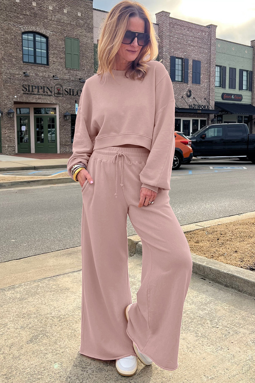 Light Pink Drop Shoulder Puff Sleeve Crop Pullover Drawstring Wide Leg Pants Set Light Pink Drop Shoulder Puff Sleeve Crop Pullover Drawstring Wide Leg Pants Set