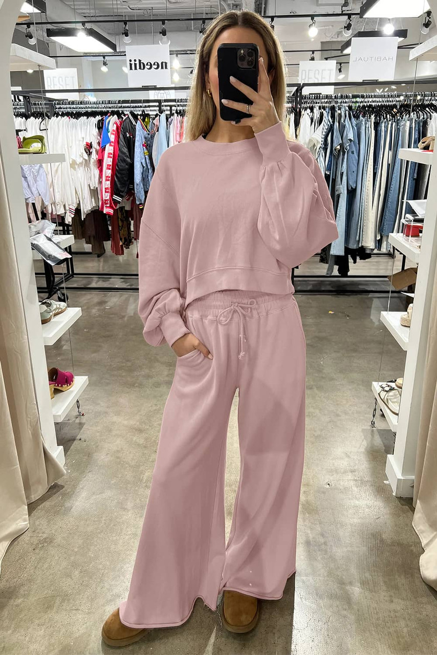 Light Pink Drop Shoulder Puff Sleeve Crop Pullover Drawstring Wide Leg Pants Set Light Pink Drop Shoulder Puff Sleeve Crop Pullover Drawstring Wide Leg Pants Set