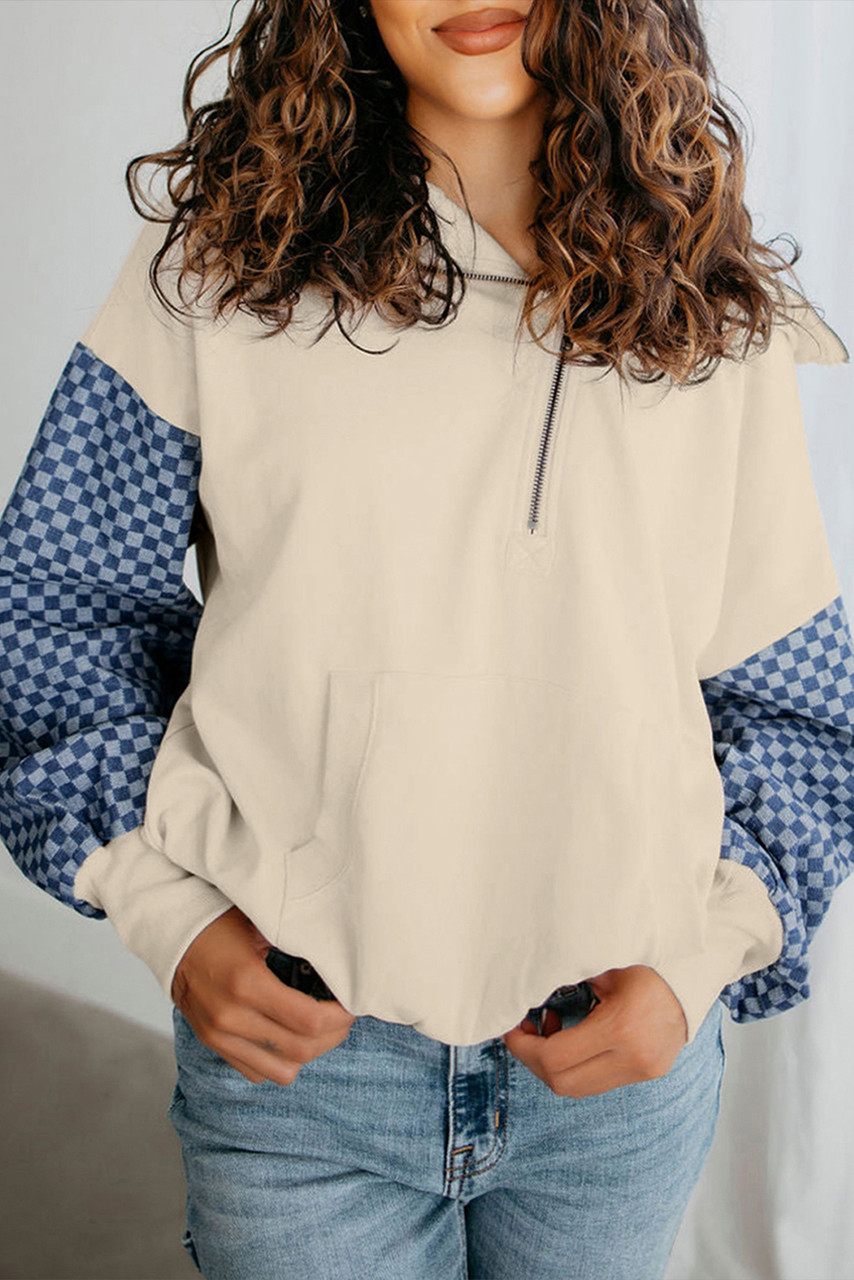 Parchment Checkered Patchwork Kangaroo Pocket Half Zipper Hoodie