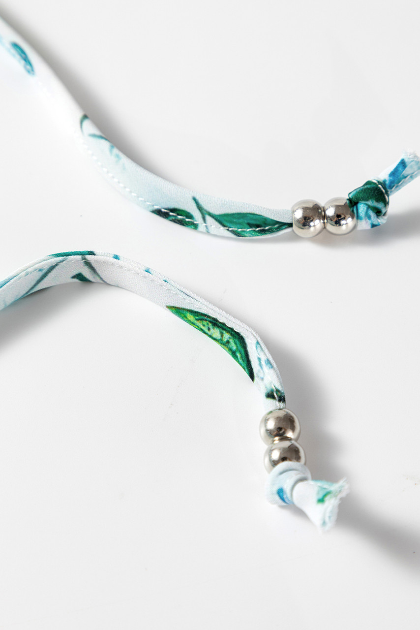 Sky Blue Floral Print Frilled Trim Tie Neck Elastic Cuffs Long Sleeve Blouse